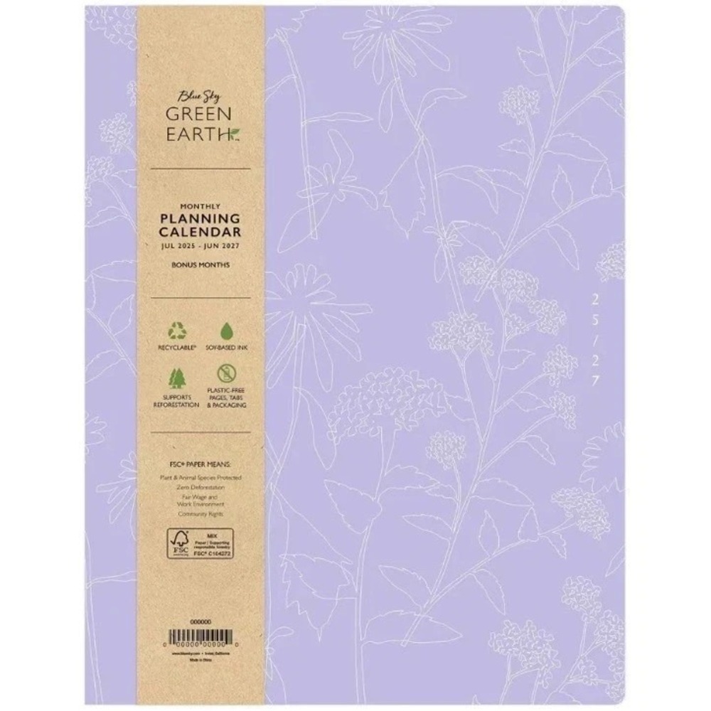 Blue Sky Green Earth 2025- June 2027 Monthly Planner Calendar Floral Purple